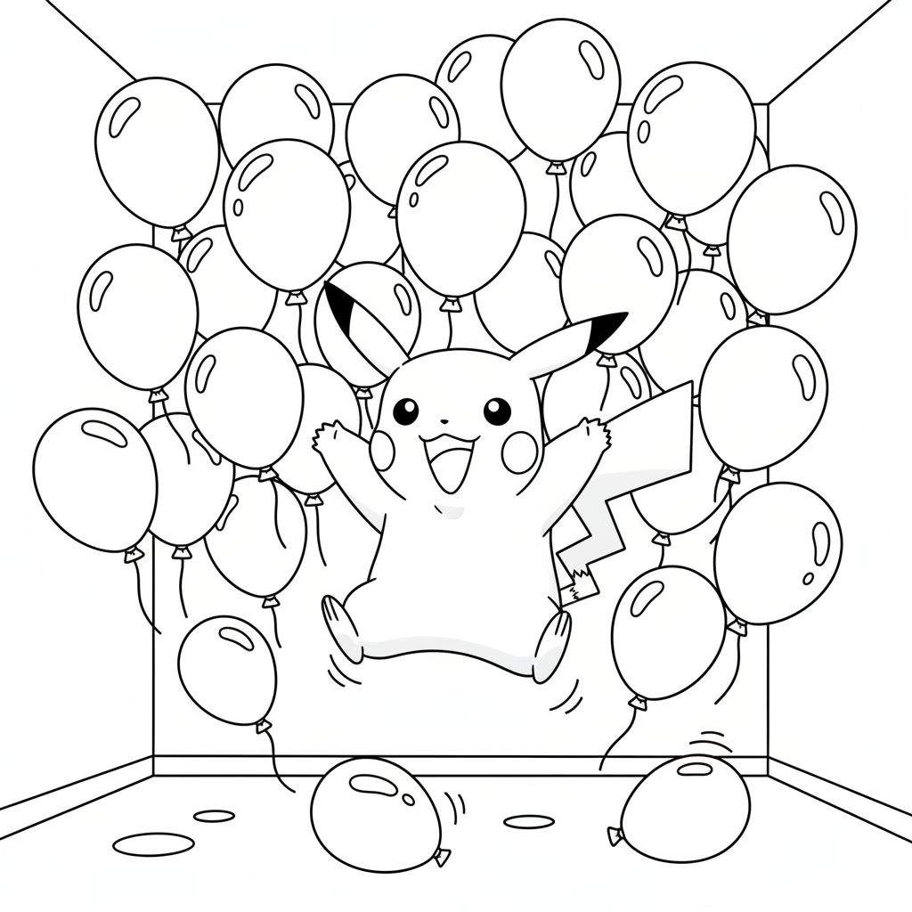 Zwart-wit kleurplaat van een blije, springende Pikachu omringd door feestelijke ballonnen, inclusief een Pokébal ballon, die een kamer vullen.