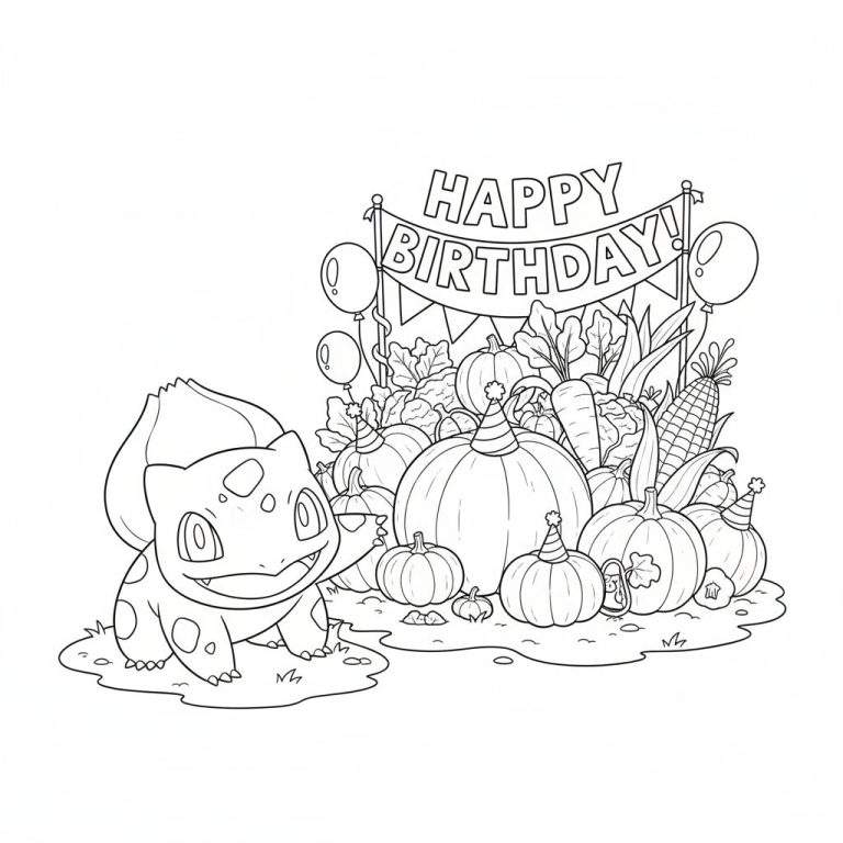 Zwart-witte Bulbasaur kleurplaat met herfstig verjaardagsthema. Bulbasaur lacht en zwaait naast een stapel pompoenen, groenten, ballonnen en een 'HAPPY BIRTHDAY!' slinger.