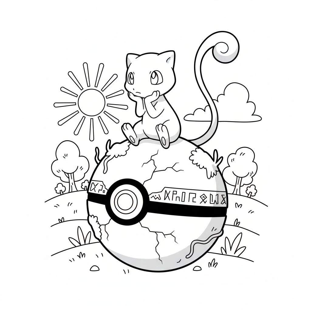 Zwart-wit kleurplaat van de Pokémon Mew die peinzend op een oude, gebarsten Pokébal zit, omringd door een landschap met een zon, bomen en wolken.