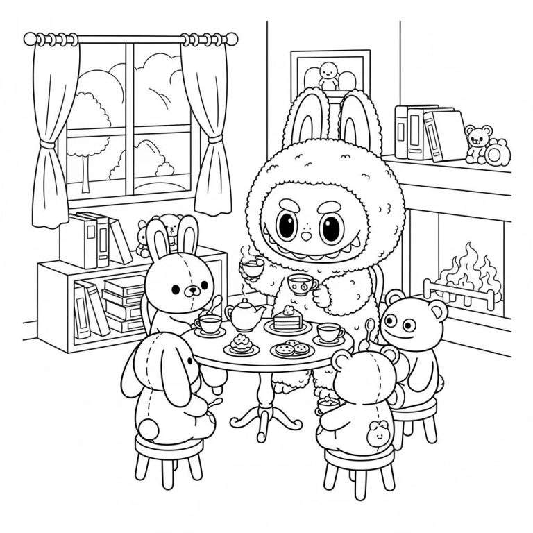 Kleurplaat: Labubu theekransje met pluizig wezen, knuffelkonijnen en -beren rond een tafel met thee en lekkernijen, voor een raam en bij een open haard.