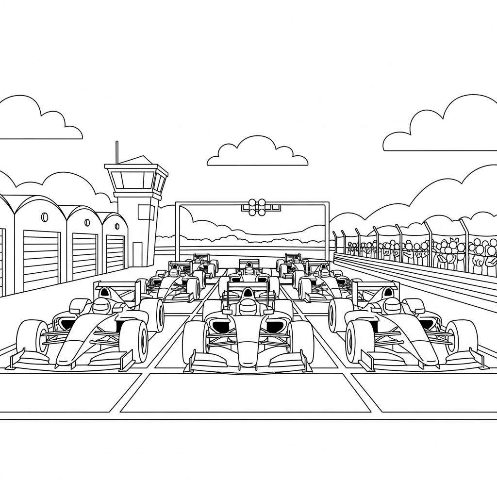 Zwart-wit kleurplaat van een Formule 1-racecircuit met Red Bull-achtige raceauto's op de startgrid, tribunes en pitgebouwen, klaar voor de start.