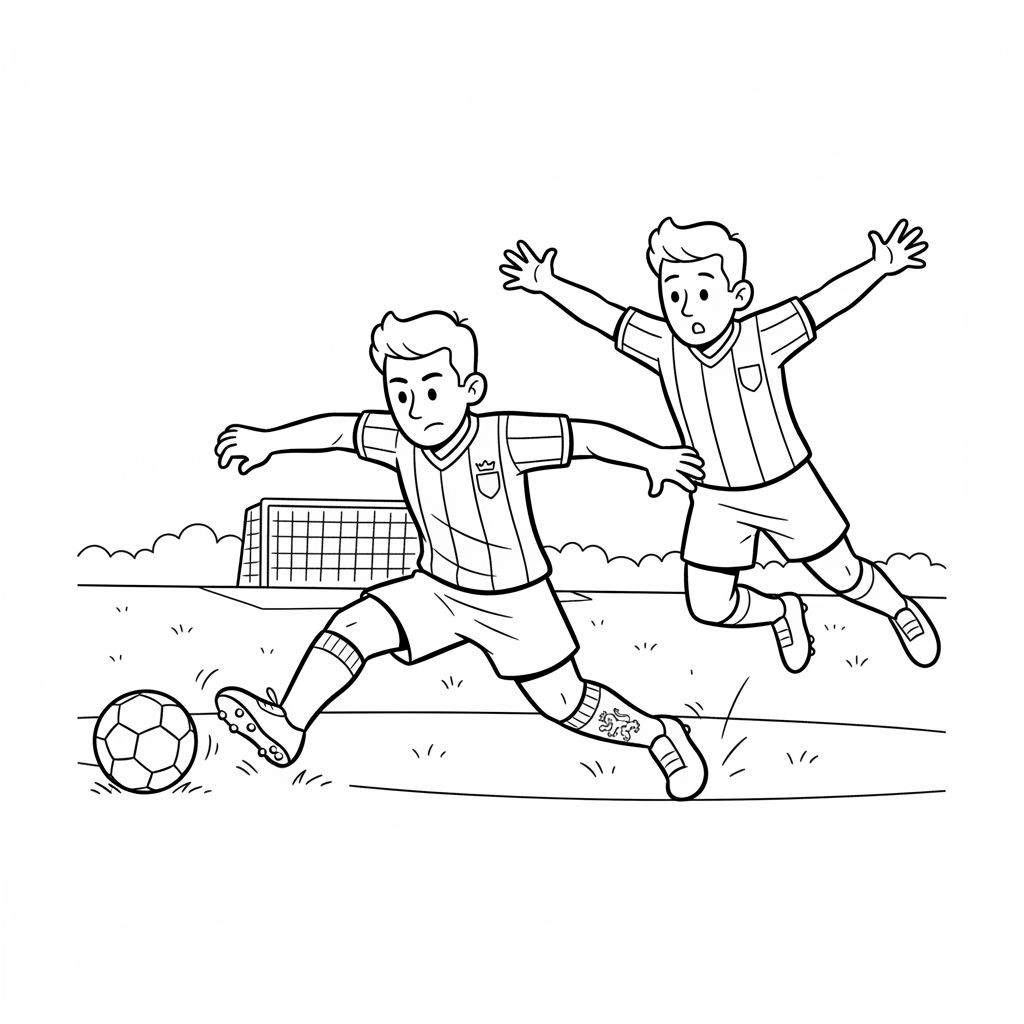 Zwart-wit lijntekening van twee jongens die voetbal spelen. De jongen links staat met gespreide armen bij een voetbal op een grasveld. De jongen rechts springt in de lucht. Op de achtergrond is een voetbaldoel zichtbaar.