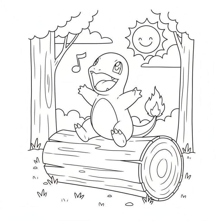 Schattige Charmander kleurplaat: een breed lachende Charmander zit zingend op een boomstam in een zonnig bos met bomen, gras, een lachende zon en wolken.