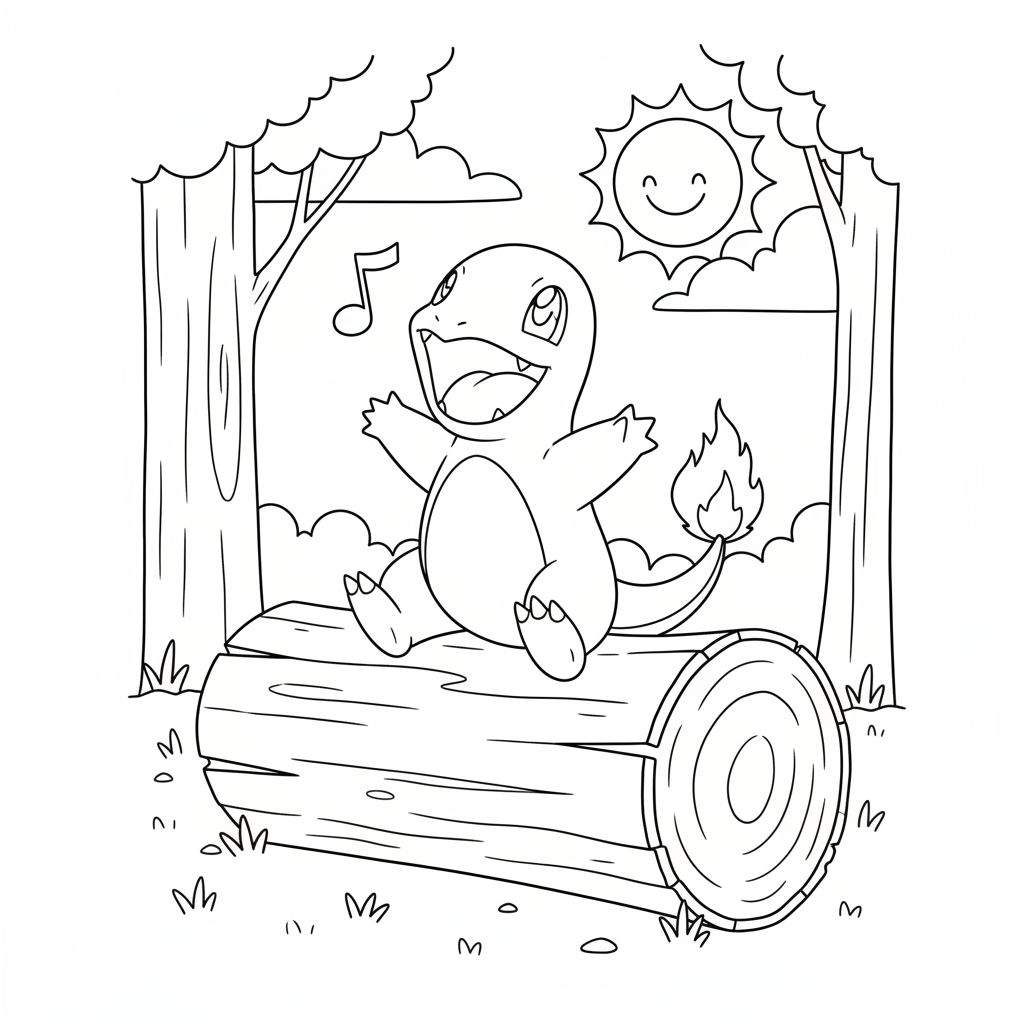 Schattige Charmander kleurplaat: een breed lachende Charmander zit zingend op een boomstam in een zonnig bos met bomen, gras, een lachende zon en wolken.
