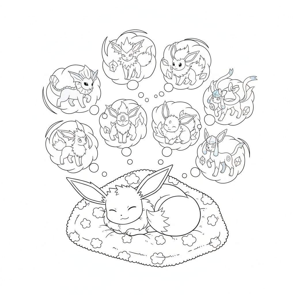Kleurplaat van een slapende Eevee die droomt over haar acht evoluties (Eeveelutions) in gedachtenbellen.
