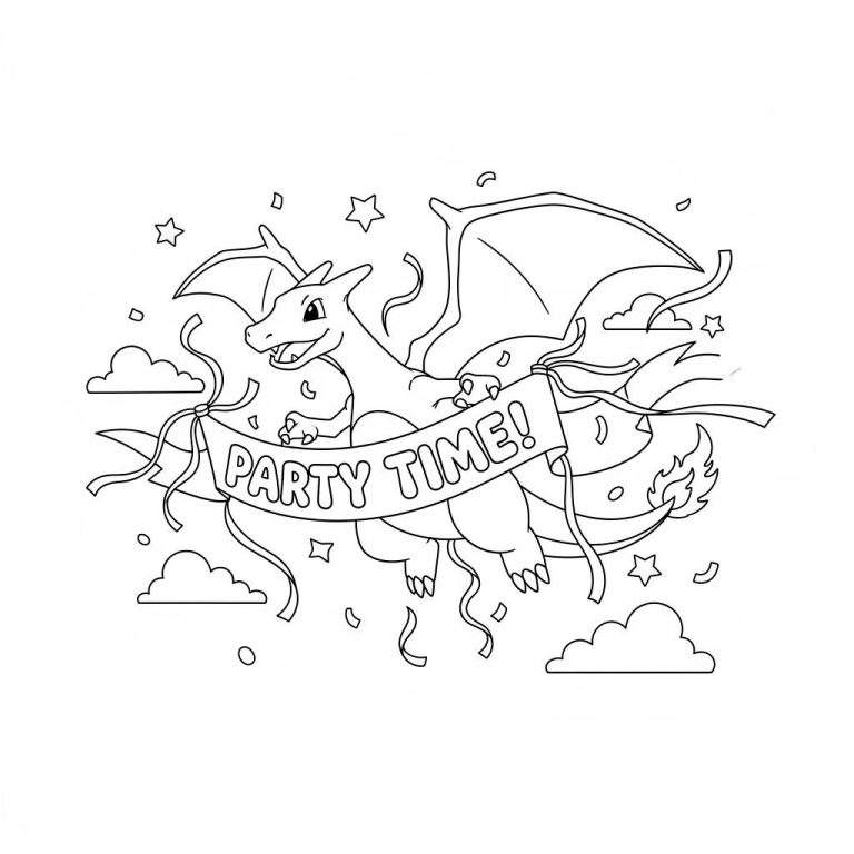Kleurplaat van een vrolijke, vliegende Charizard met een "PARTY TIME!" banner, omringd door feestversiering.