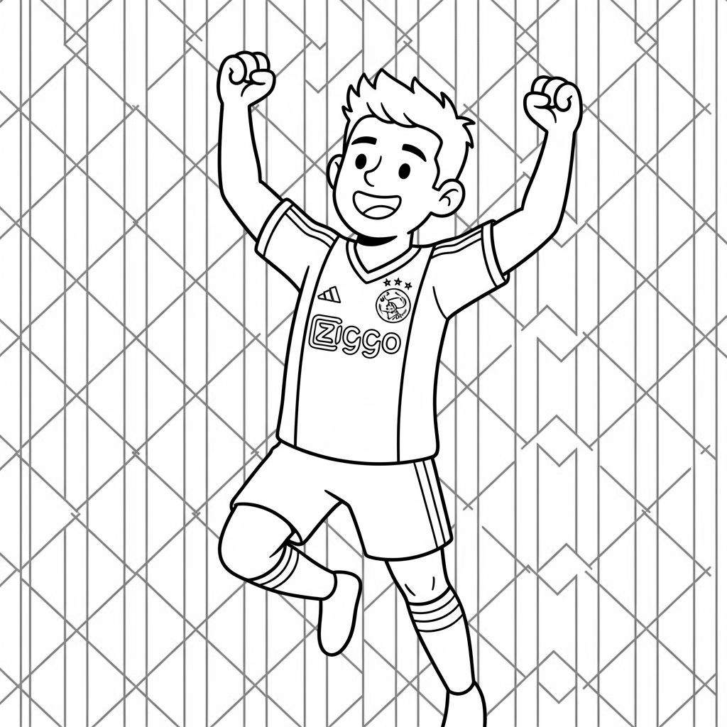 Zwart-wit lijntekening kleurplaat van een juichende jonge Ajax-voetballer in tenue met Adidas-logo, Ziggo-sponsor en drie sterren clubembleem, tegen een abstract geometrisch patroon.