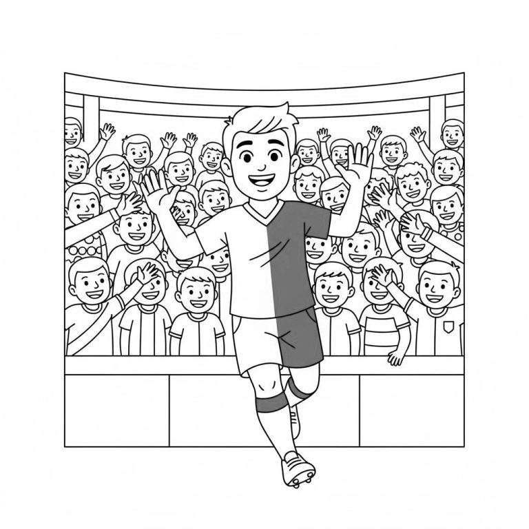 Feyenoord kleurplaat van een lachende voetballer die zwaait naar juichende fans op de tribune.