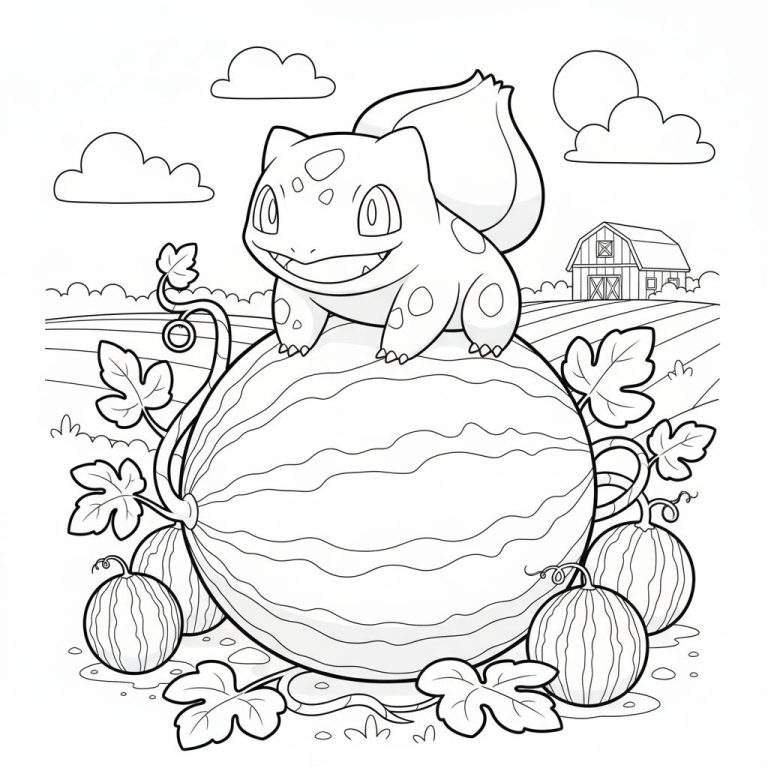 Zwart-wit kleurplaat van Bulbasaur glimlachend op een grote watermeloen, met kleinere meloenen, planten, een boerderij, heuvels en zon op de achtergrond.