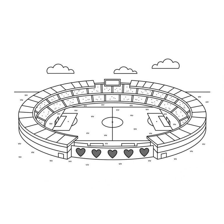 Zwart-wit lijntekening van een SC Heerenveen voetbalstadion in perspectief. Het stadion bevat een voetbalveld met lijnen en doelen, tribunes met toeschouwers, een scorebord, vijf hartvormige decoraties op de voorkant en drie wolken boven het stadion.