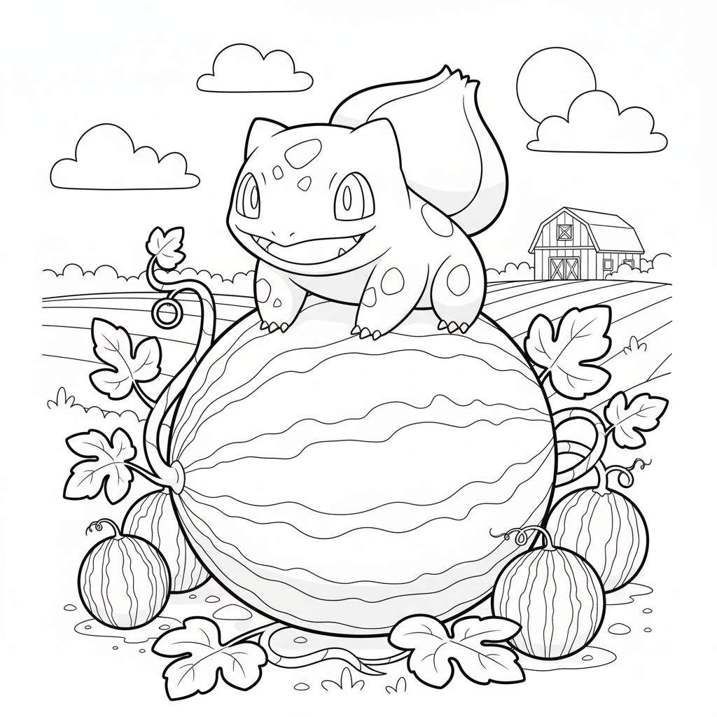 Zwart-wit kleurplaat van Bulbasaur glimlachend op een grote watermeloen, met kleinere meloenen, planten, een boerderij, heuvels en zon op de achtergrond.