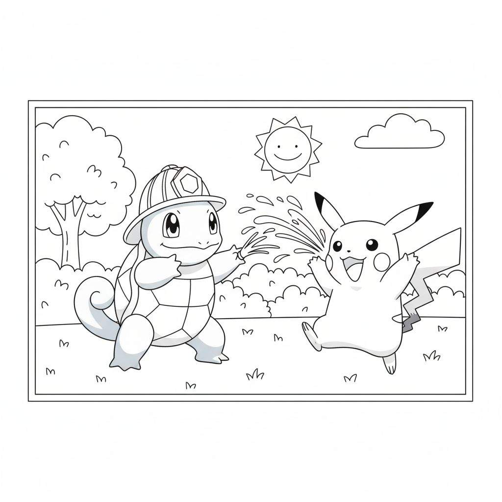 Kleurplaat van Squirtle met brandweerhelm die water spuit op een lachende Pikachu, met boom, wolk en lachende zon op de achtergrond en gras op de voorgrond.