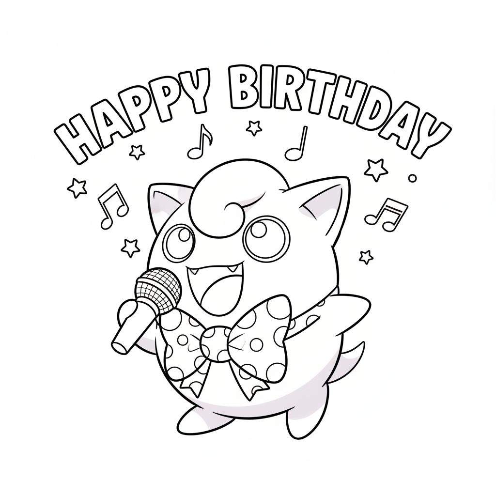 Jigglypuff verjaardag kleurplaat zingend in microfoon met 'HAPPY BIRTHDAY' tekst, muzieknoten en sterren.