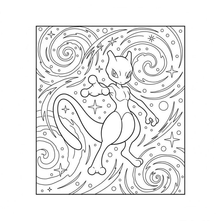 Zwart-wit kleurplaat van Mewtwo in een dynamische pose, omringd door psychische energiepatronen en wervelingen, afgebakend door een dikke zwarte rand.