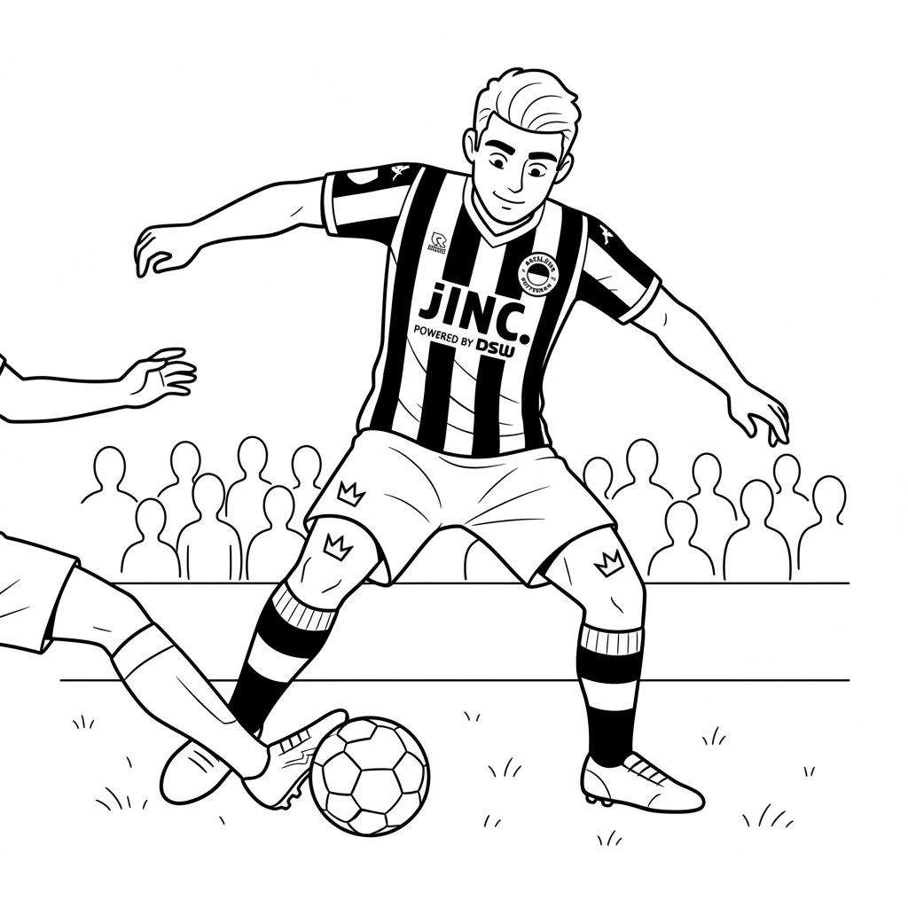 Zwart-wit kleurplaat van een Excelsior voetballer die dribbelt met de bal, gekleed in een gestreept shirt met JINC/DSW-logo's en kroonsymbolen. Een tegenstander en supporters zijn op de achtergrond zichtbaar.