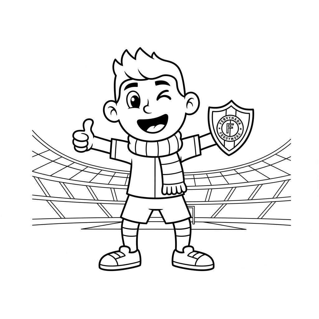 Kleurplaat van een vrolijke Feyenoord voetballer jongen met gestreepte sjaal, knipoog, duim omhoog en schild met 'F' in voetbalstadion.