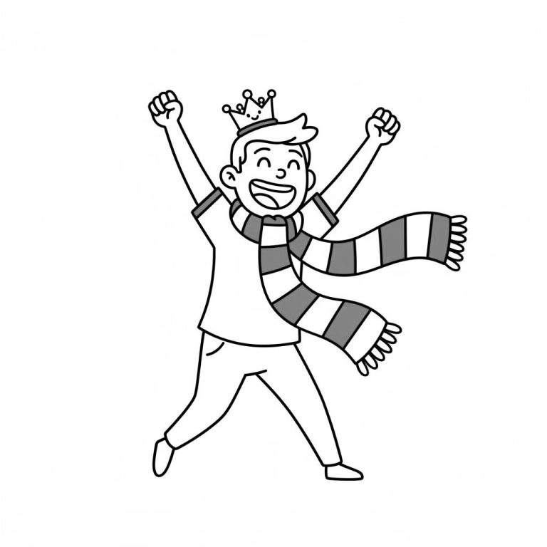 Zwart-wit kleurplaat van een juichende cartoonjongen met kroon, een gestreepte sjaal en brede lach, die een overwinning viert in de context van PEC Zwolle.