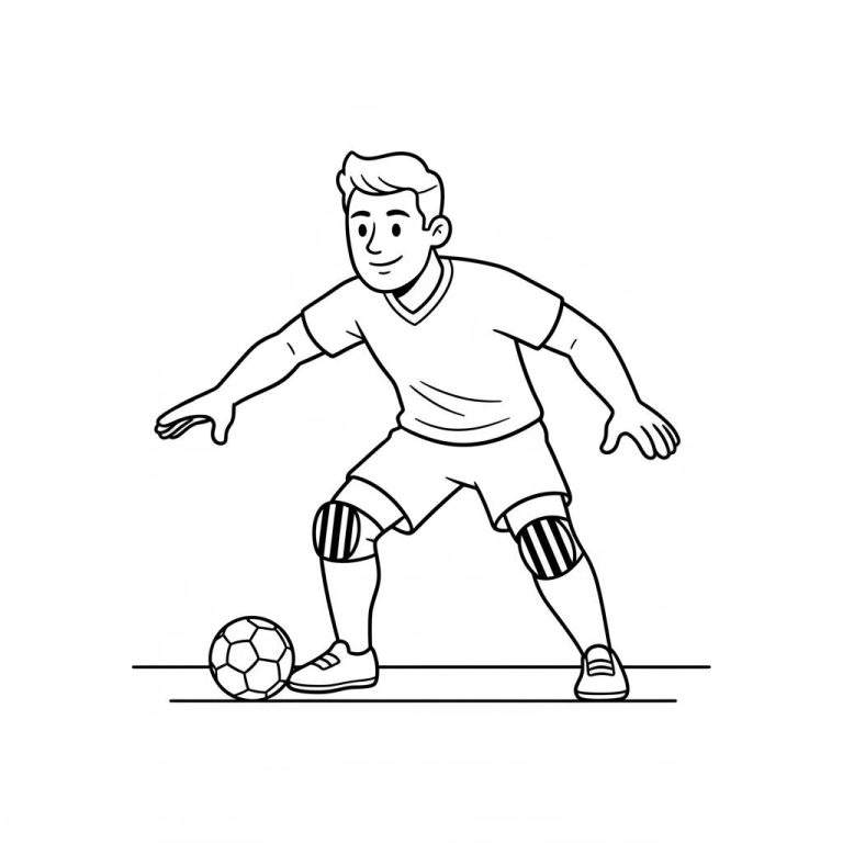 Zwart-wit cartoon van lachende Roda JC voetballer in sportkleding met bal aan voet op sportveld.