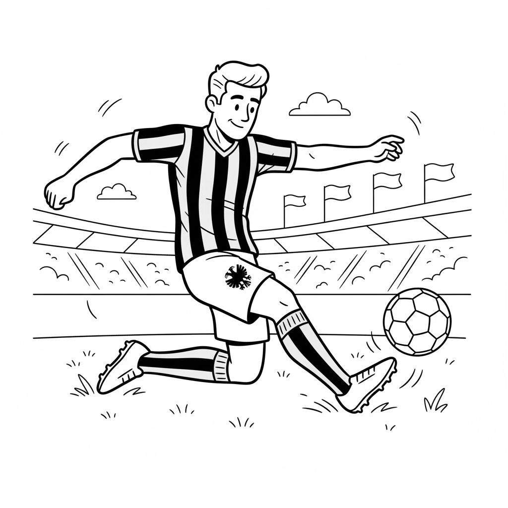 Kleurplaat van een glimlachende Vitesse voetballer in actie, trappend tegen een voetbal in een stadion met vlaggen en wolken.