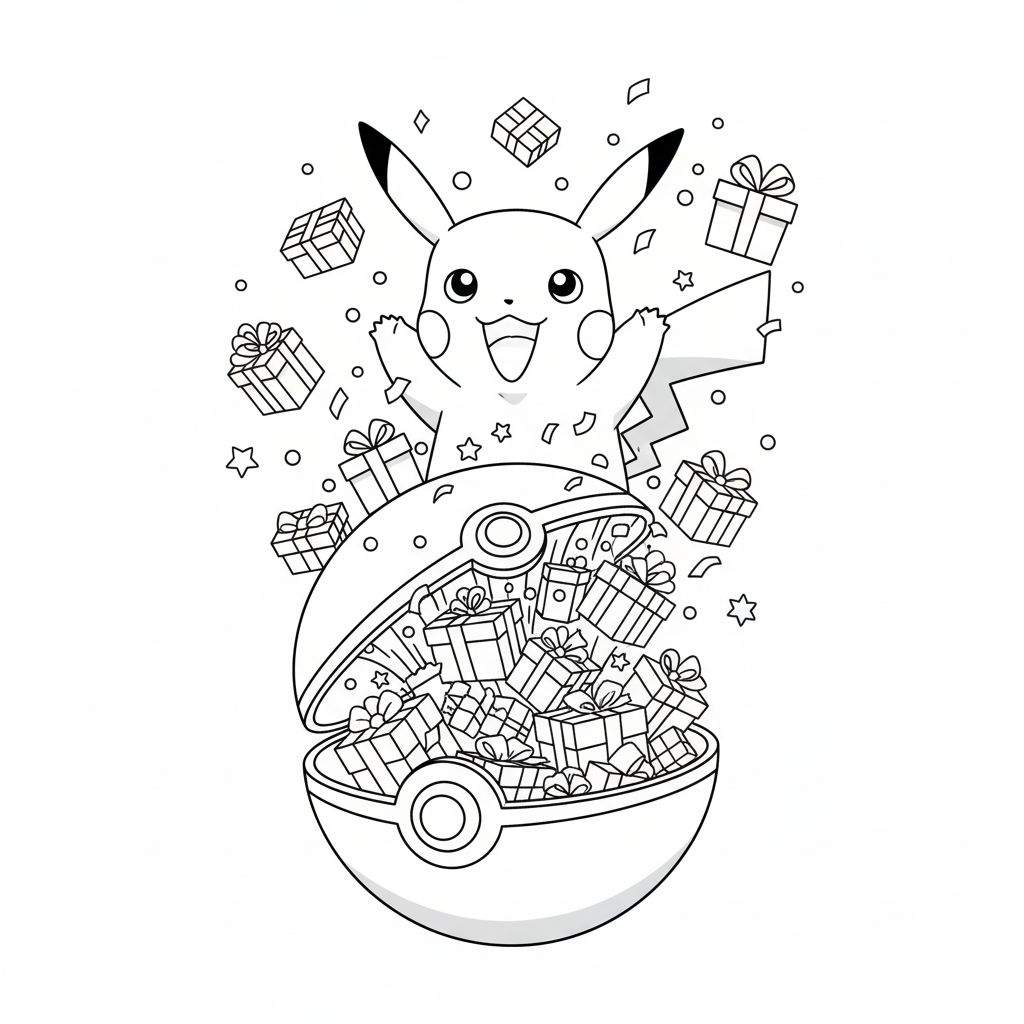 Zwart-wit lijntekening van een vrolijke Pikachu die met open armen uit een Pokébal vol cadeautjes springt, omringd door zwevende geschenken en feestelijke decoraties.