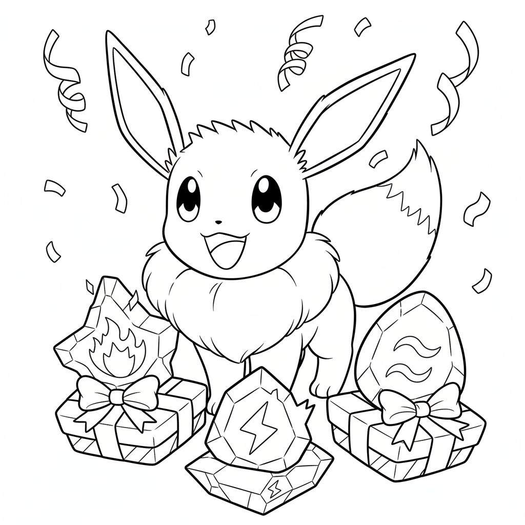 Zwart-wit kleurplaat van een lachende Eevee omringd door Vuur-, Onweer- en Waterstenen en feestelijke confetti.