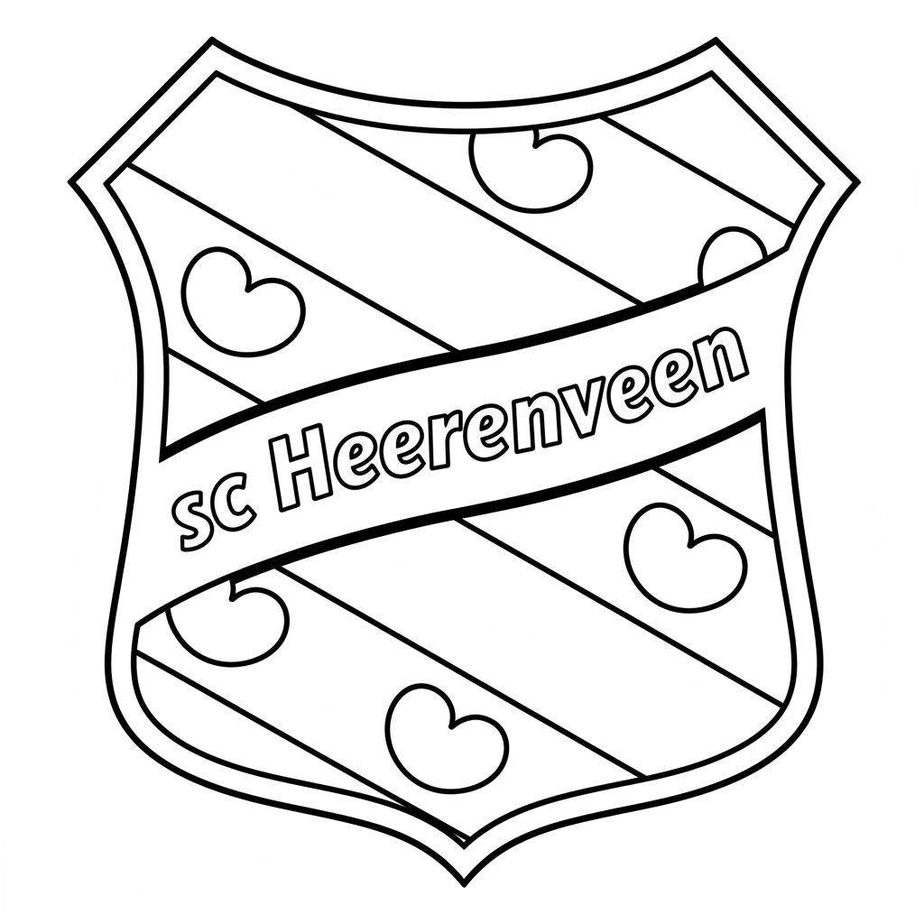 Zwart-wit kleurplaat van het sc Heerenveen logo: een schild met diagonale strepen, zeven pompeblêden en een lint met "sc Heerenveen".