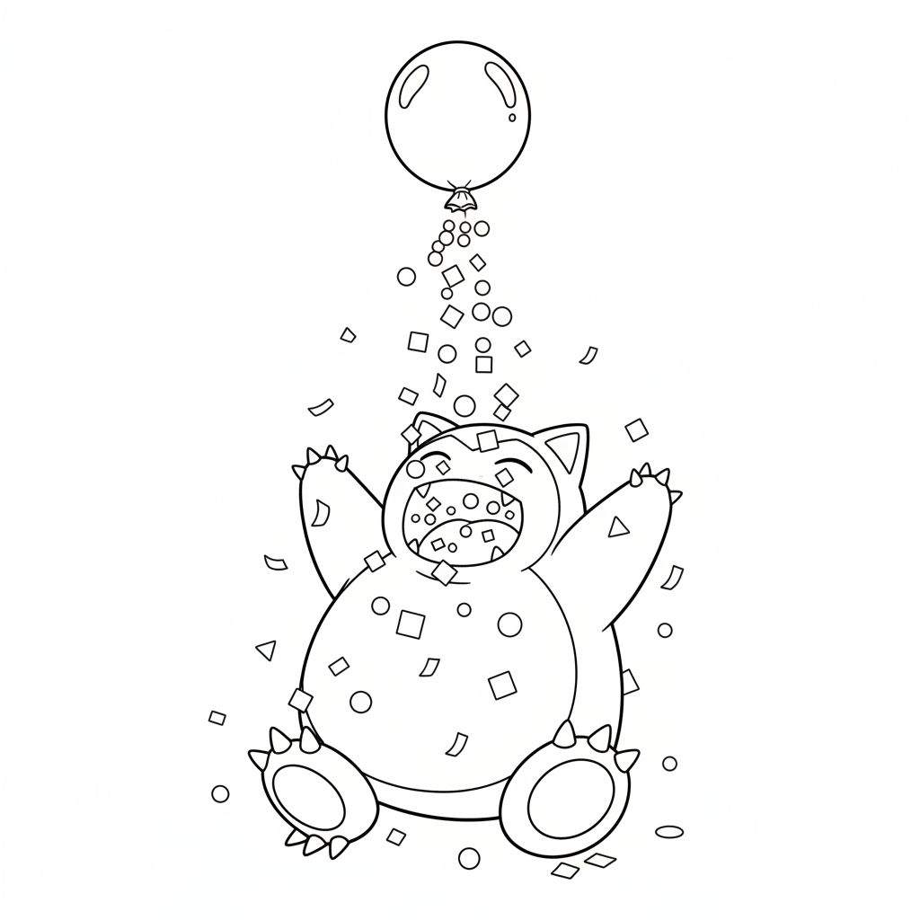 Zwart-wit lijntekening van Snorlax die vrolijk juicht met open mond terwijl confetti uit een ballon op hem neerdaalt. Zijn armen zijn omhoog en hij vangt de feestelijke confetti.