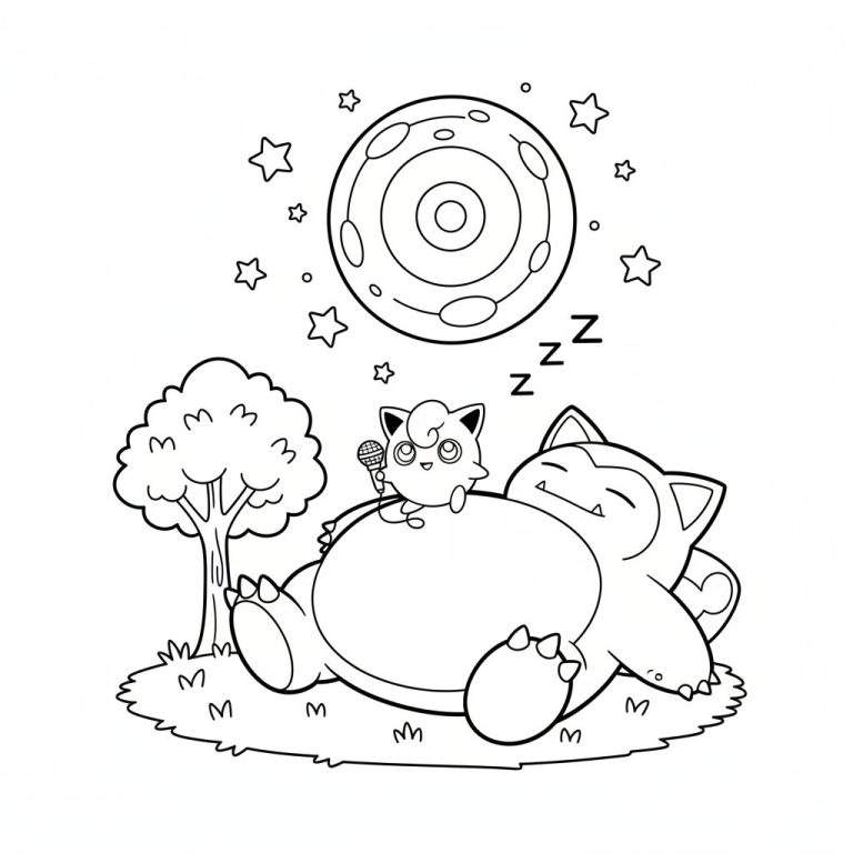 Kleurplaat van een slapende Snorlax met Jigglypuff op zijn buik, microfoon in de hand, onder een nachtelijke maan en sterren.