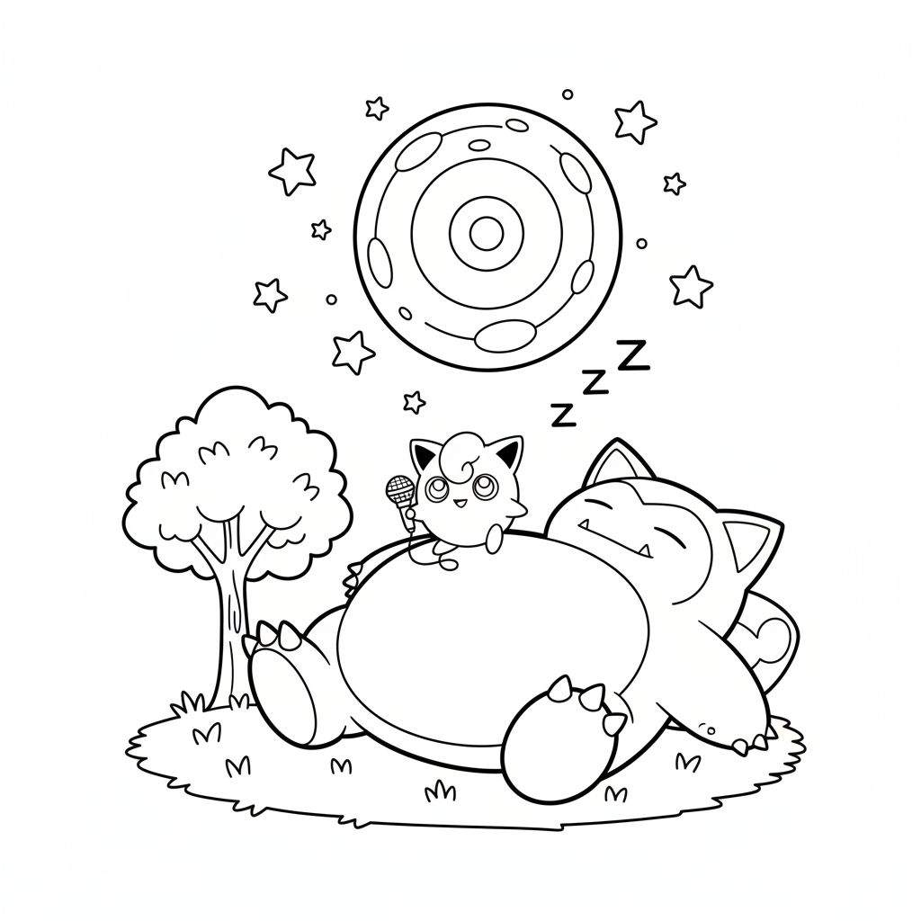 Kleurplaat van een slapende Snorlax met Jigglypuff op zijn buik, microfoon in de hand, onder een nachtelijke maan en sterren.
