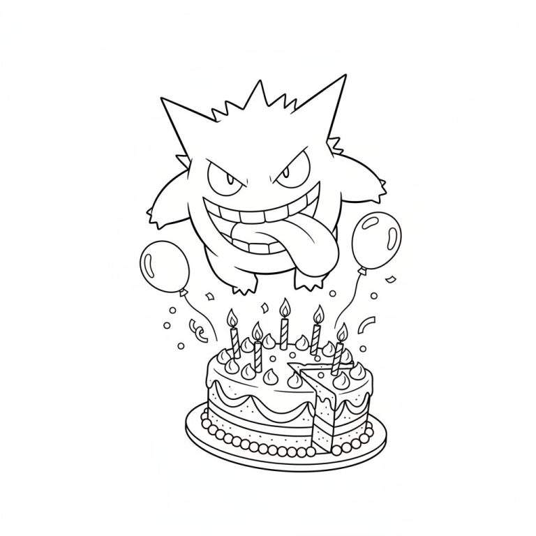 Zwart-witte Gengar kleurplaat met ondeugende lach en uitgestoken tong, zwevend boven een verjaardagstaart met kaarsen, ballonnen en confetti. Een feestelijke Pokémon scène.
