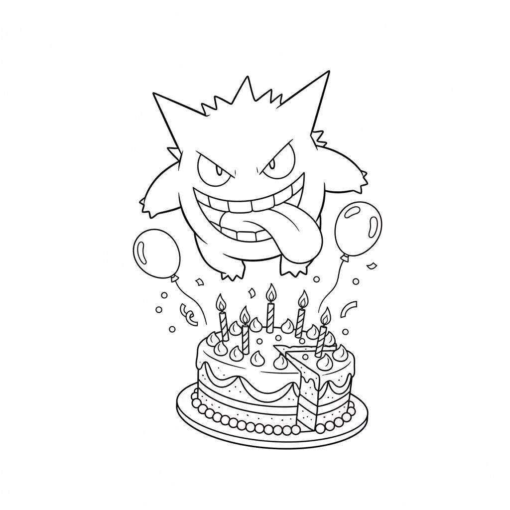 Zwart-witte Gengar kleurplaat met ondeugende lach en uitgestoken tong, zwevend boven een verjaardagstaart met kaarsen, ballonnen en confetti. Een feestelijke Pokémon scène.