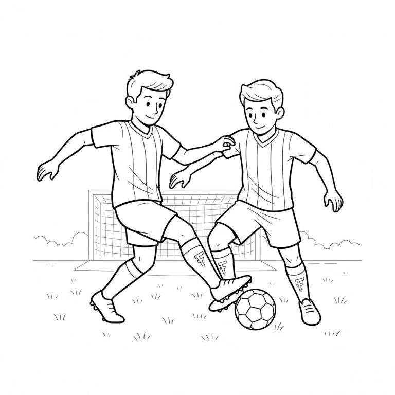 Zwart-wit lijntekening van twee lachende jongens die voetballen, één dribbelt de bal terwijl de ander probeert af te pakken. Een voetbaldoel staat op de grasrijke achtergrond. Fortuna Sittard kleurplaat.