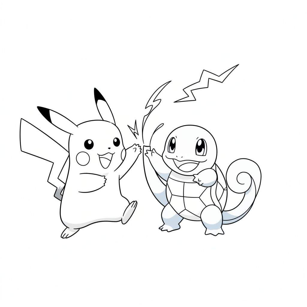 Kleurplaat van Pikachu en Squirtle die een high five geven, met bliksemschichten.