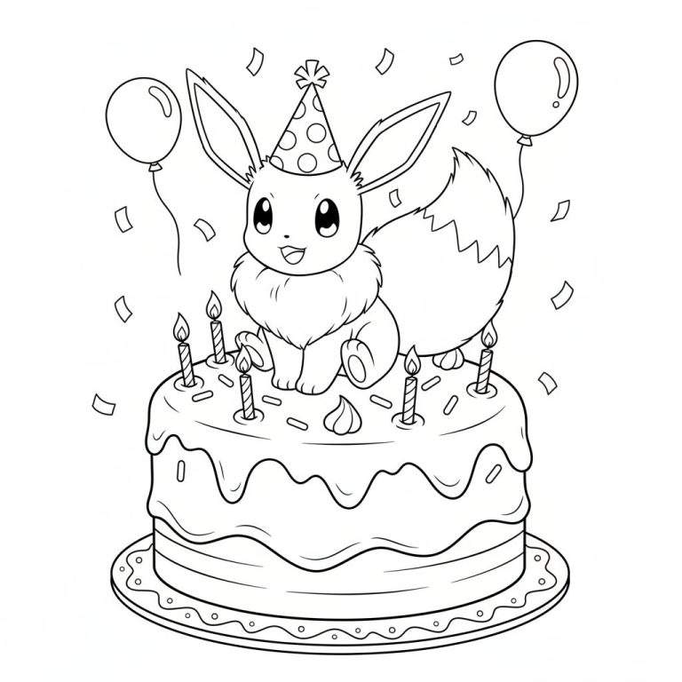 Zwart-wit kleurplaat van een vrolijke Eevee Pokémon met puntmuts, zittend op een twee-laagse verjaardagstaart met zes brandende kaarsjes, omringd door ballonnen en vallende confetti.