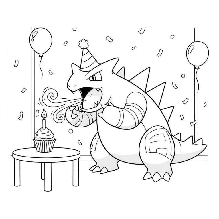 Zwart-wit kleurplaat van Tyranitar met feestmuts die een kaars uitblaast op een cupcake tijdens een verjaardagsfeestje met confetti en ballonnen.