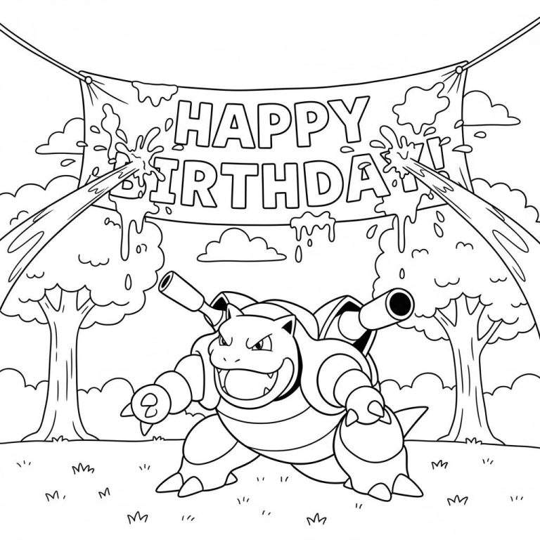 Zwart-witte kleurplaat van Blastoise die water spuit op een 'HAPPY BIRTHDAY' spandoek tijdens een verjaardagsfeest in een buitenomgeving met bomen en gras.