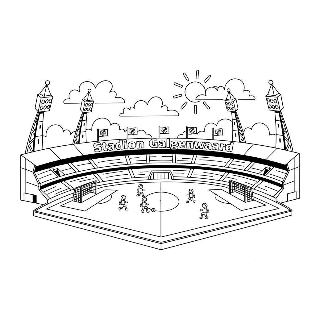 Zwart-wit lijntekening kleurplaat van Stadion Galgenwaard met voetballers op het veld, lichtmasten, vlaggen en de naam 'Stadion Galgenwaard' op de tribune.