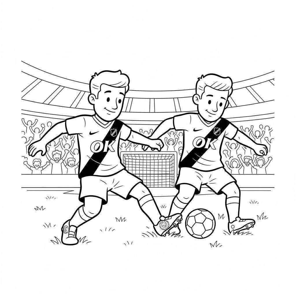 Zwart-wit kleurplaat van twee jonge, glimlachende voetballers in actie op een grasveld, met het 'OK' logo op hun shirts. Op de achtergrond een juichend stadionpubliek en een voetbaldoel. De bal ligt bij de rechterspeler, wat de energieke sfeer van een NAC Breda wedstrijd vangt.