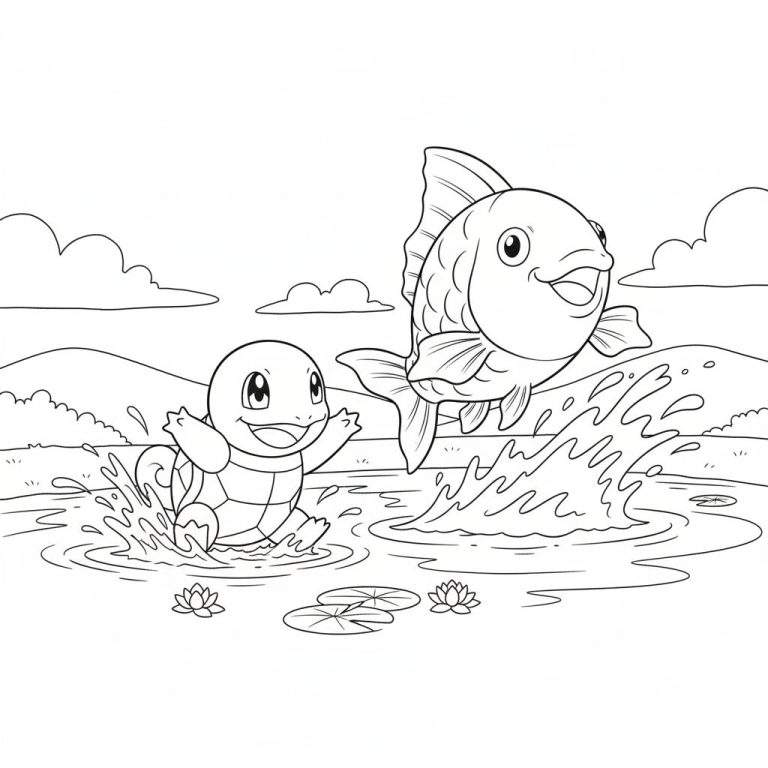 Zwart-wit kleurplaat van een lachende Squirtle-achtige schildpad en een vrolijke vis die in een vijver vol waterlelies spelen, met heuvels en wolken op de achtergrond.