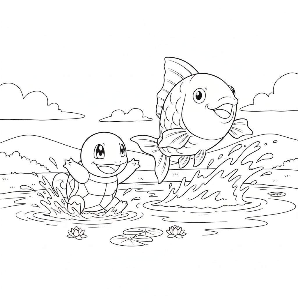 Zwart-wit kleurplaat van een lachende Squirtle-achtige schildpad en een vrolijke vis die in een vijver vol waterlelies spelen, met heuvels en wolken op de achtergrond.