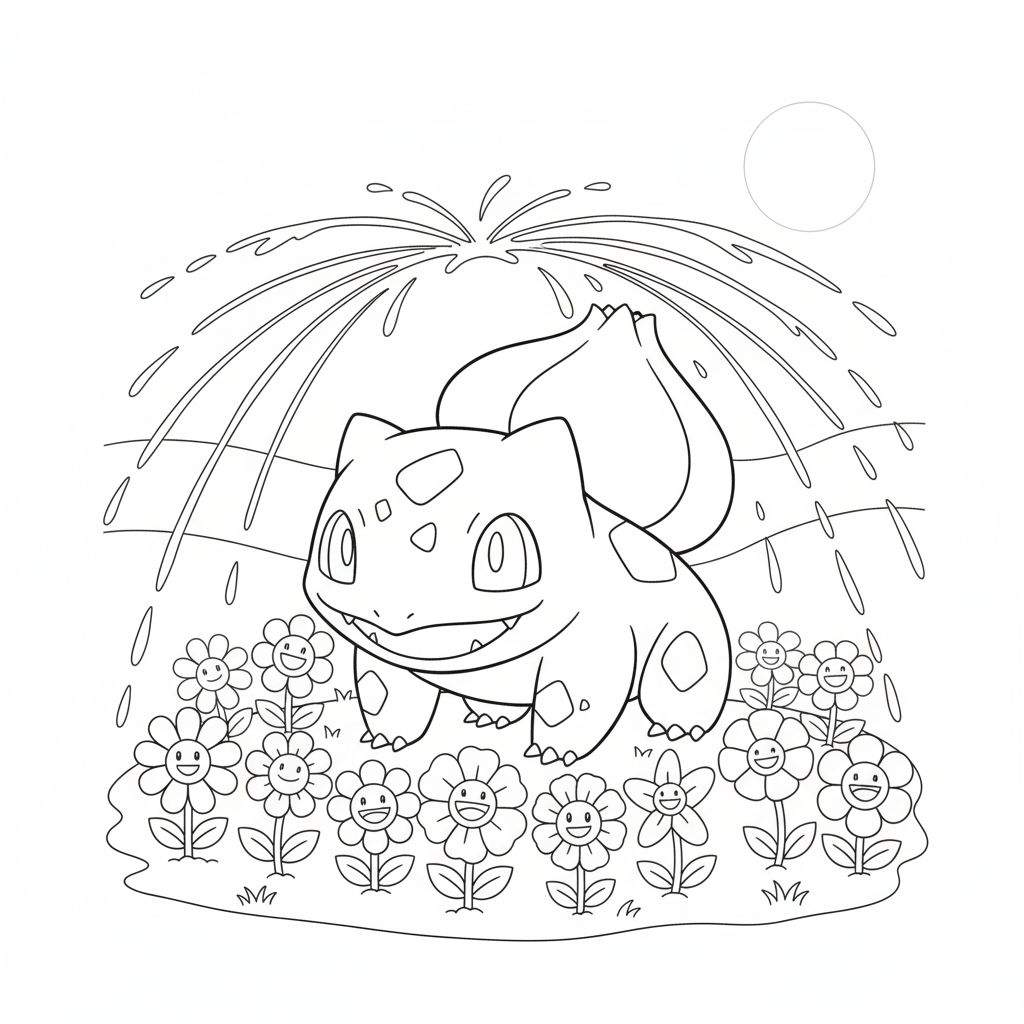 Kleurplaat van een lachende Bulbasaur te midden van vrolijke bloemen en gras, met opspuitend water en een lege cirkel voor de zon of maan.