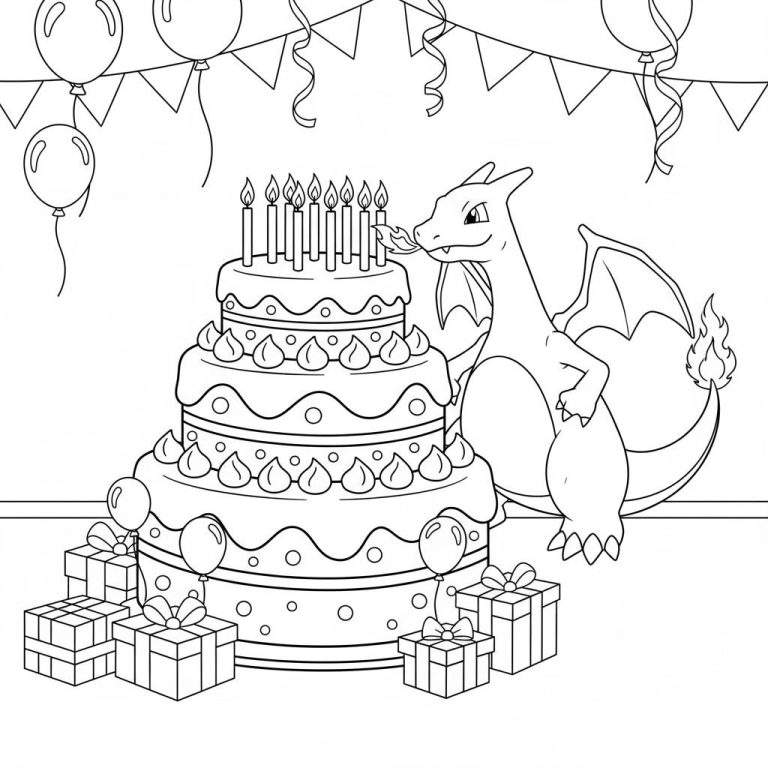 Kleurplaat van een feestelijk verjaardagsfeestje met Charizard die vuur blaast om de acht kaarsjes op een drielaagse taart aan te steken, omringd door slingers, ballonnen en zes cadeautjes.