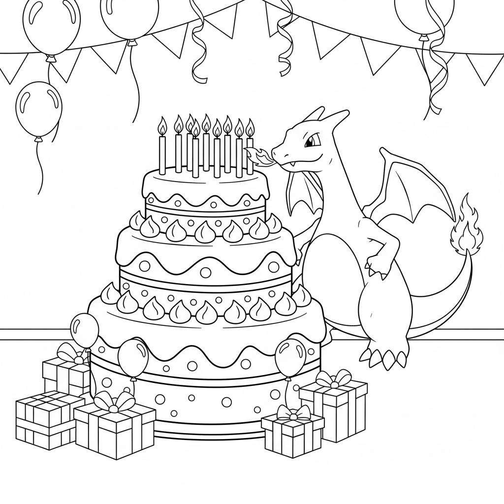Kleurplaat van een feestelijk verjaardagsfeestje met Charizard die vuur blaast om de acht kaarsjes op een drielaagse taart aan te steken, omringd door slingers, ballonnen en zes cadeautjes.
