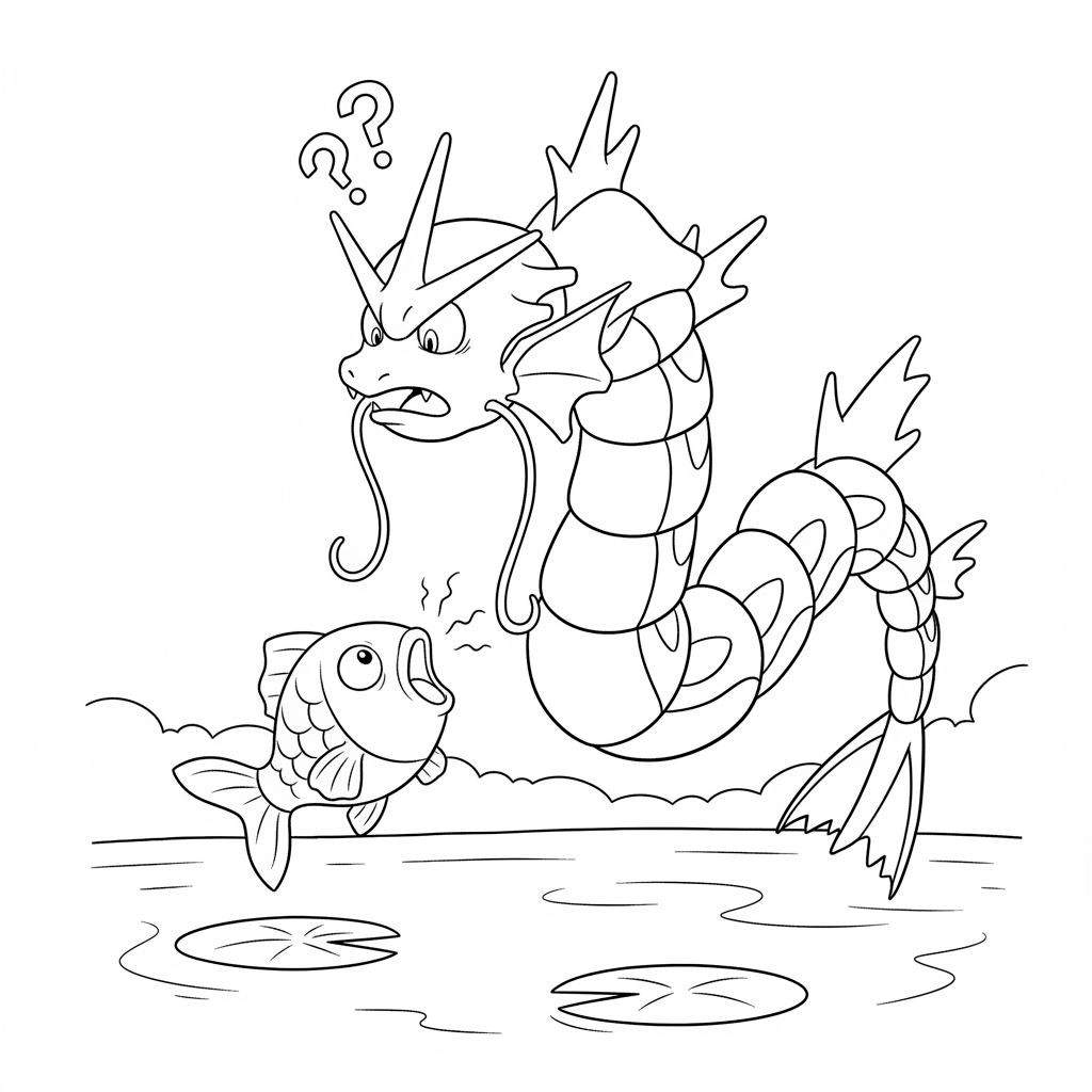Zwart-wit kleurplaat van een grote, verwarde en woedende Gyarados die agressief kijkt naar een kleine, geschrokken Magikarp die uit het water springt, met vraagtekens boven Gyarados' hoofd.
