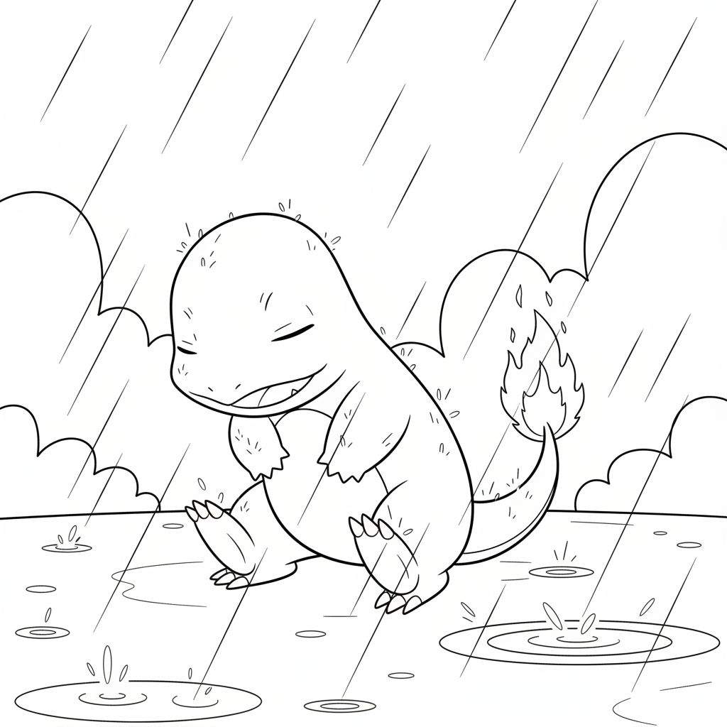Zwart-wit kleurplaat van een lachende Charmander met gesloten ogen in de zachte regen, met plassen op de grond en zijn vlam intact.