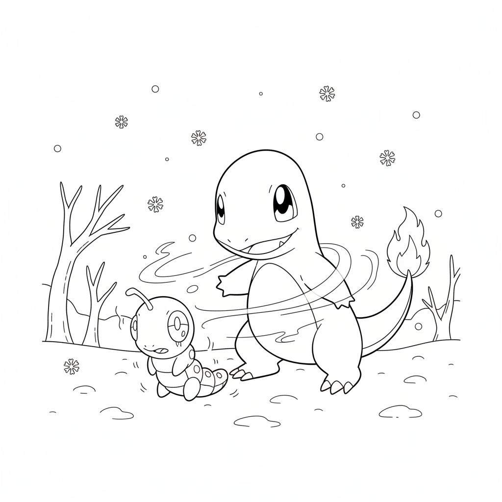 Zwart-wit kleurplaat van Charmander die warme adem uitblaast naar Caterpie in de sneeuw, met sneeuwvlokken en kale takken op de achtergrond. Charmander's staartvlam is duidelijk zichtbaar.