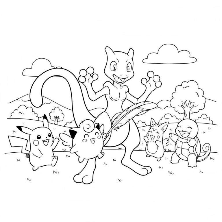 Kleurplaat van vrolijke Pokémon: Mewtwo staat groot in het midden met een veer, geflankeerd door lachende Pikachu, Clefairy, Vulpix en breed glimlachende Squirtle. Ze staan op een grasveld met heuvels en wolken op de achtergrond.