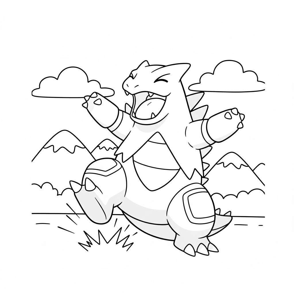 Zwart-wit kleurplaat van Tyranitar, een robuuste Pokémon, springend met open bek en scherpe punten op rug, tegen een achtergrond van bergen en wolken.