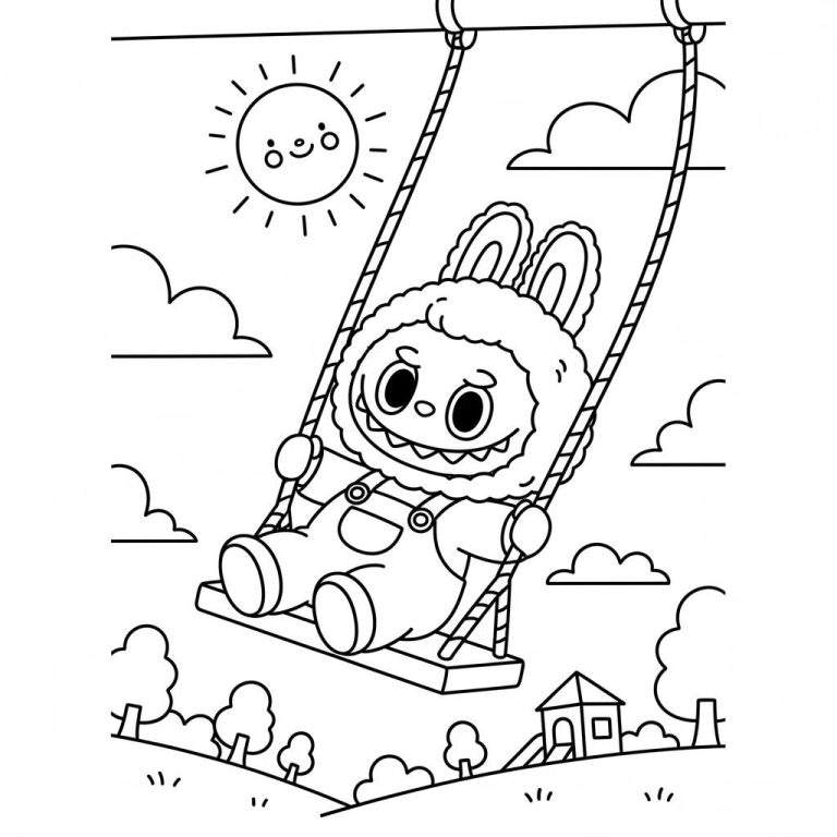 Zwart-wit kleurplaat van Labubu konijn dat vrolijk schommelt, met een lachende zon, wolken en een landschap met heuvels en een huisje.