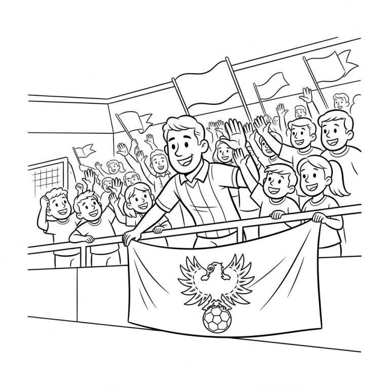 Kleurplaat van Go Ahead Eagles fans in een stadion; een man met gestreept shirt houdt een spandoek met het adelaar embleem vast, omringd door juichende supporters met vlaggen en een voetbaldoelnet.